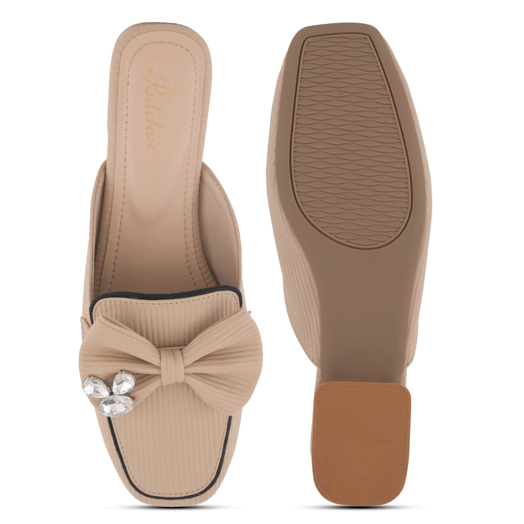 Women's Textured Block Heel Mules Rhinestone Bow Accented Square Toe Slip On Shoes