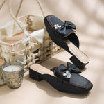 Load image into Gallery viewer, Women's Textured Block Heel Mules Rhinestone Bow Accented Square Toe Slip On Shoes