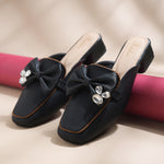 Load image into Gallery viewer, Women's Textured Block Heel Mules Rhinestone Bow Accented Square Toe Slip On Shoes