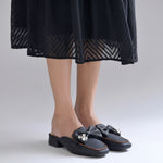 Load image into Gallery viewer, Women's Textured Block Heel Mules Rhinestone Bow Accented Square Toe Slip On Shoes