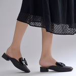 Load image into Gallery viewer, Women's Textured Block Heel Mules Rhinestone Bow Accented Square Toe Slip On Shoes