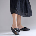 Load image into Gallery viewer, Women's Textured Block Heel Mules Rhinestone Bow Accented Square Toe Slip On Shoes