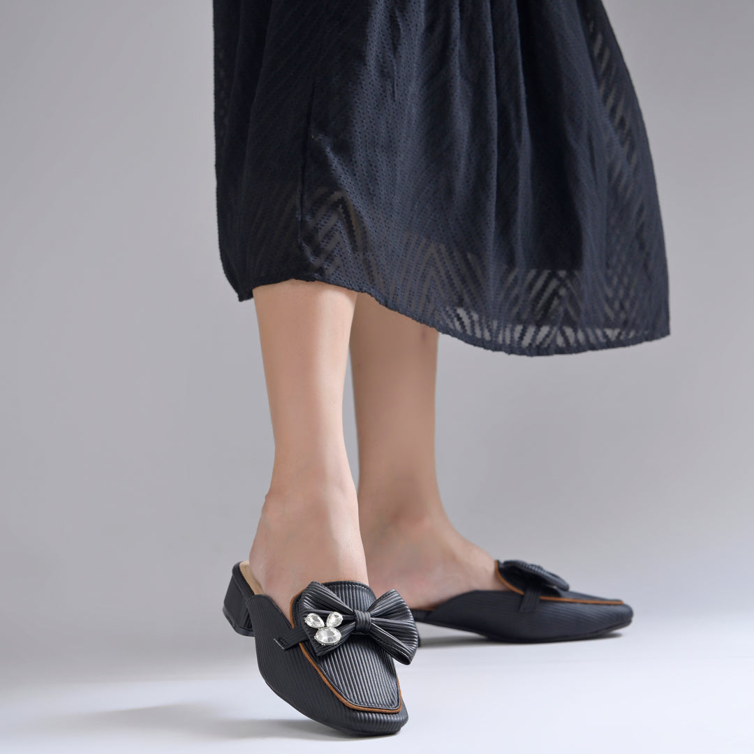 Women's Textured Block Heel Mules Rhinestone Bow Accented Square Toe Slip On Shoes