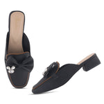Load image into Gallery viewer, Women's Textured Block Heel Mules Rhinestone Bow Accented Square Toe Slip On Shoes