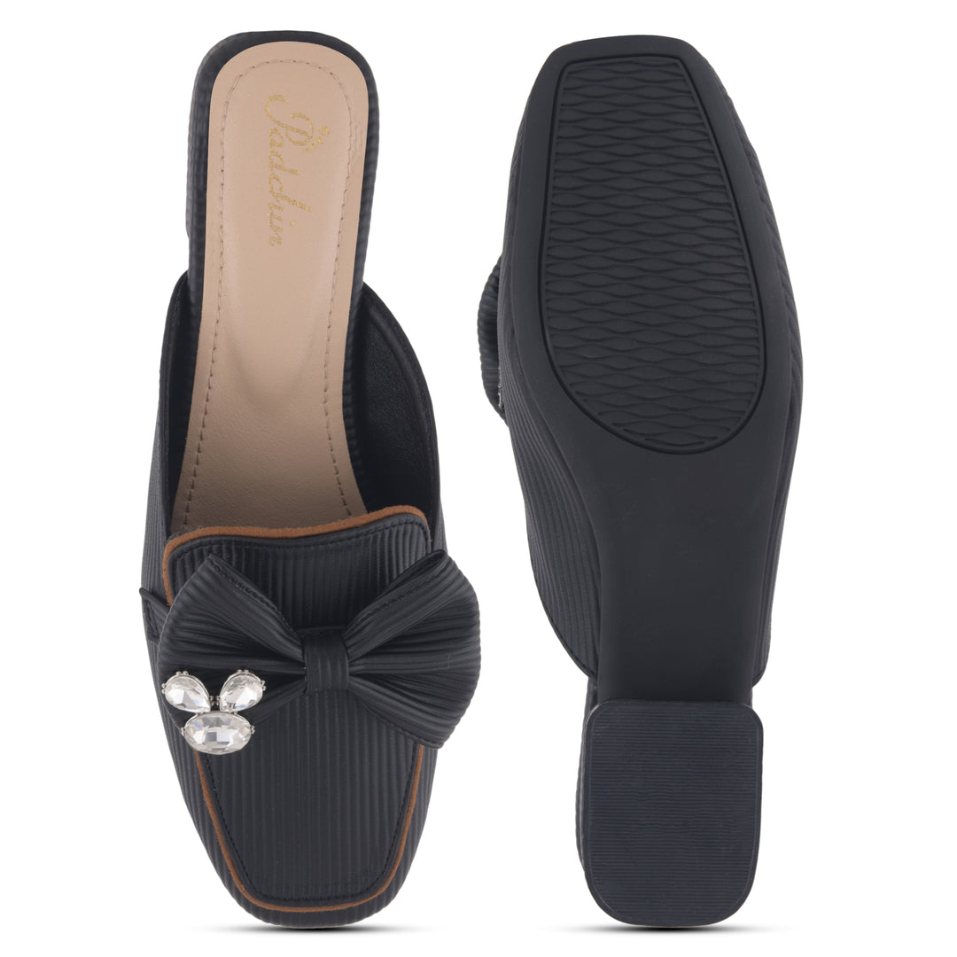 Women's Textured Block Heel Mules Rhinestone Bow Accented Square Toe Slip On Shoes