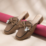 Load image into Gallery viewer, Women's Textured Block Heel Mules Rhinestone Bow Accented Square Toe Slip On Shoes
