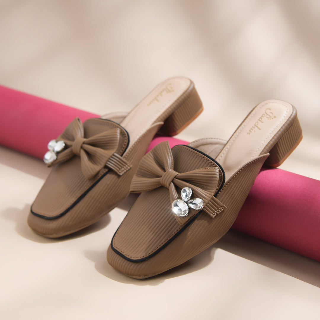 Women's Textured Block Heel Mules Rhinestone Bow Accented Square Toe Slip On Shoes