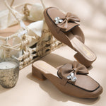 Load image into Gallery viewer, Women's Textured Block Heel Mules Rhinestone Bow Accented Square Toe Slip On Shoes