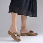 Load image into Gallery viewer, Women's Textured Block Heel Mules Rhinestone Bow Accented Square Toe Slip On Shoes