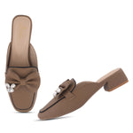 Load image into Gallery viewer, Women's Textured Block Heel Mules Rhinestone Bow Accented Square Toe Slip On Shoes