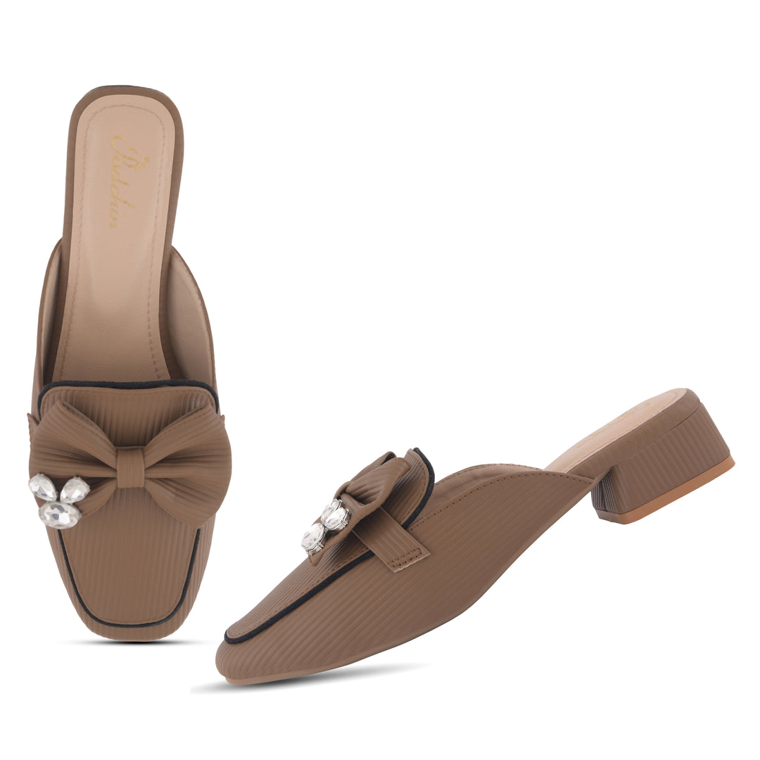 Women's Textured Block Heel Mules Rhinestone Bow Accented Square Toe Slip On Shoes
