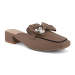 Load image into Gallery viewer, Women's Textured Block Heel Mules Rhinestone Bow Accented Square Toe Slip On Shoes