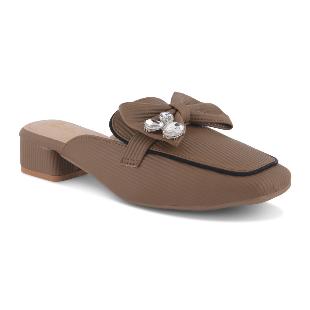 Women's Textured Block Heel Mules Rhinestone Bow Accented Square Toe Slip On Shoes