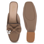 Load image into Gallery viewer, Women's Textured Block Heel Mules Rhinestone Bow Accented Square Toe Slip On Shoes