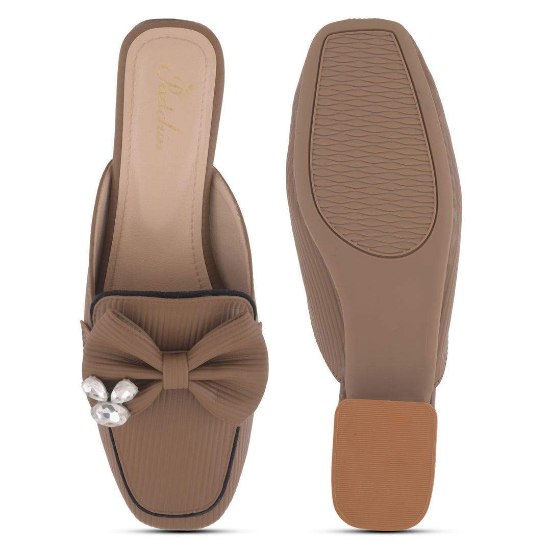 Women's Textured Block Heel Mules Rhinestone Bow Accented Square Toe Slip On Shoes