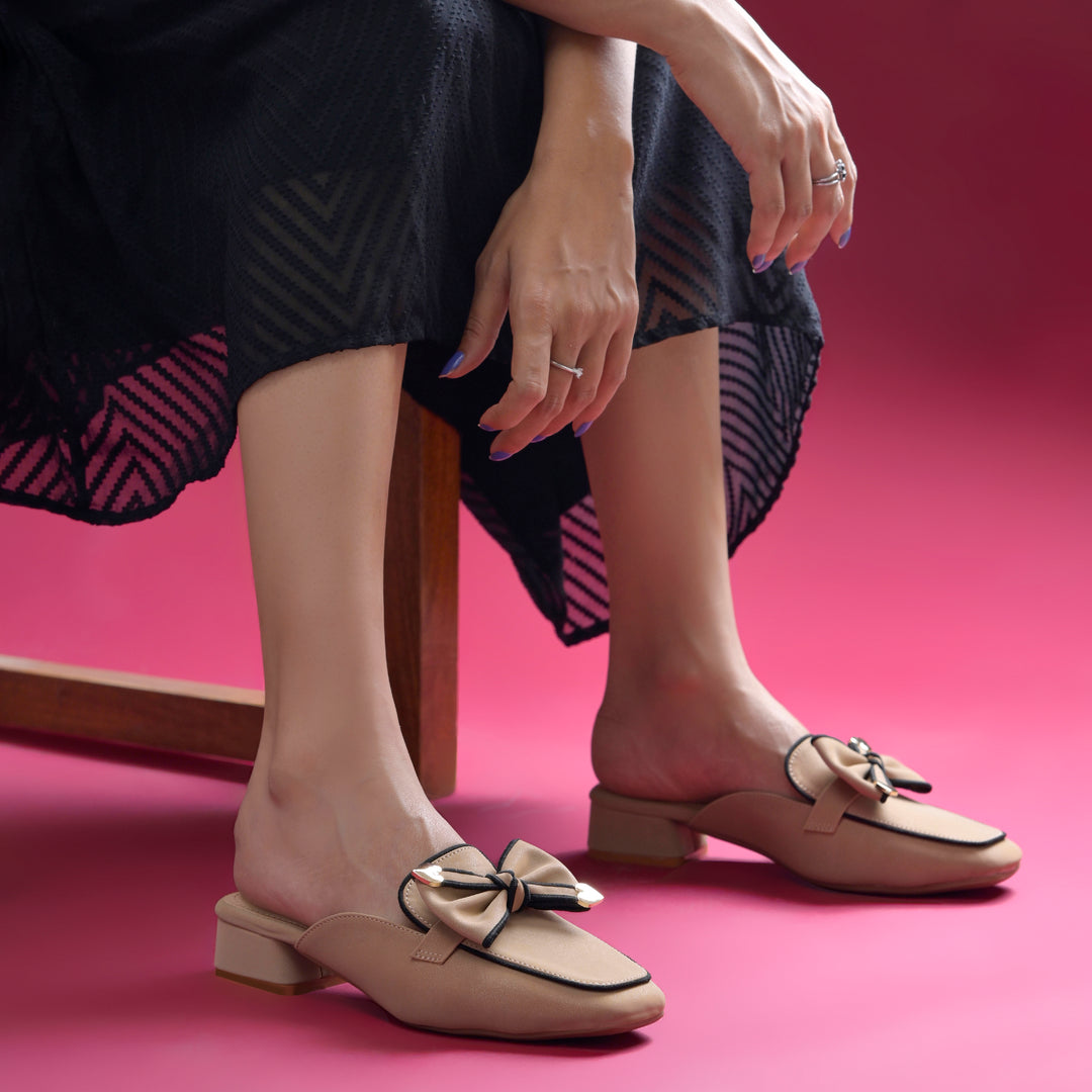 Women's Block Heel Mules Closed Square Toe with Bow Detail Cushioned Formal Slip On Loafers