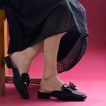 Load image into Gallery viewer, Women's Block Heel Mules Closed Square Toe with Bow Detail Cushioned Formal Slip On Loafers