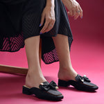 Load image into Gallery viewer, Women's Block Heel Mules Closed Square Toe with Bow Detail Cushioned Formal Slip On Loafers