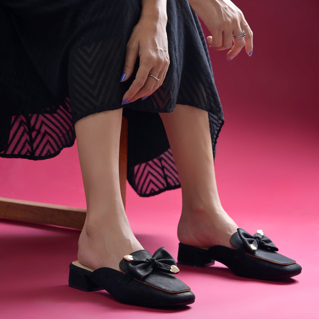 Women's Block Heel Mules Closed Square Toe with Bow Detail Cushioned Formal Slip On Loafers