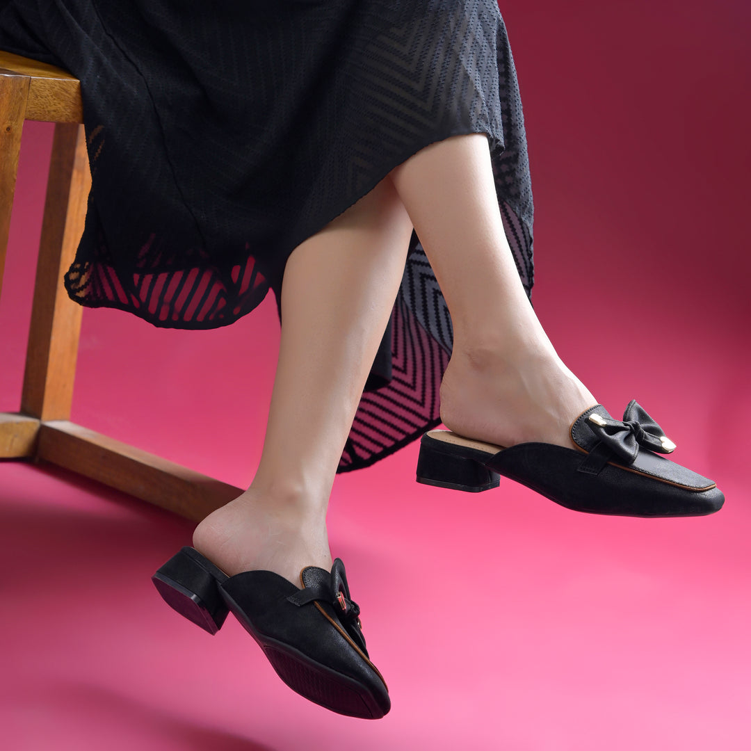 Women's Block Heel Mules Closed Square Toe with Bow Detail Cushioned Formal Slip On Loafers