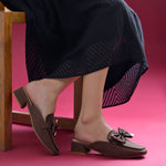 Load image into Gallery viewer, Women's Block Heel Mules Closed Square Toe with Bow Detail Cushioned Formal Slip On Loafers