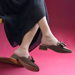 Load image into Gallery viewer, Women's Block Heel Mules Closed Square Toe with Bow Detail Cushioned Formal Slip On Loafers