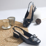 Load image into Gallery viewer, Women's Slingback Block Heel Pumps with Bow Detail Square Toe Textured Upper Pumps Shoes