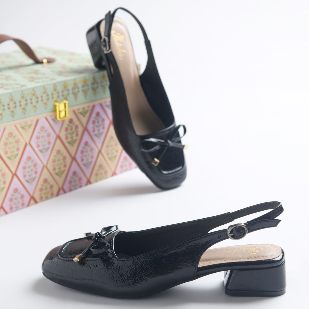 Women's Slingback Block Heel Pumps with Bow Detail Square Toe Textured Upper Pumps Shoes