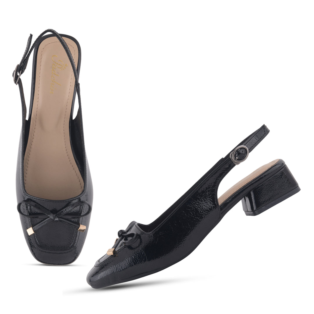 Women's Slingback Block Heel Pumps with Bow Detail Square Toe Textured Upper Pumps Shoes