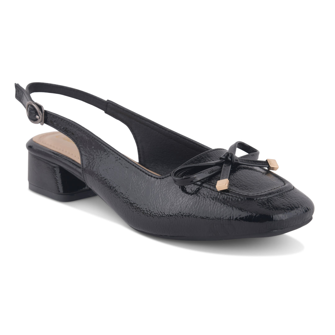 Women's Slingback Block Heel Pumps with Bow Detail Square Toe Textured Upper Pumps Shoes