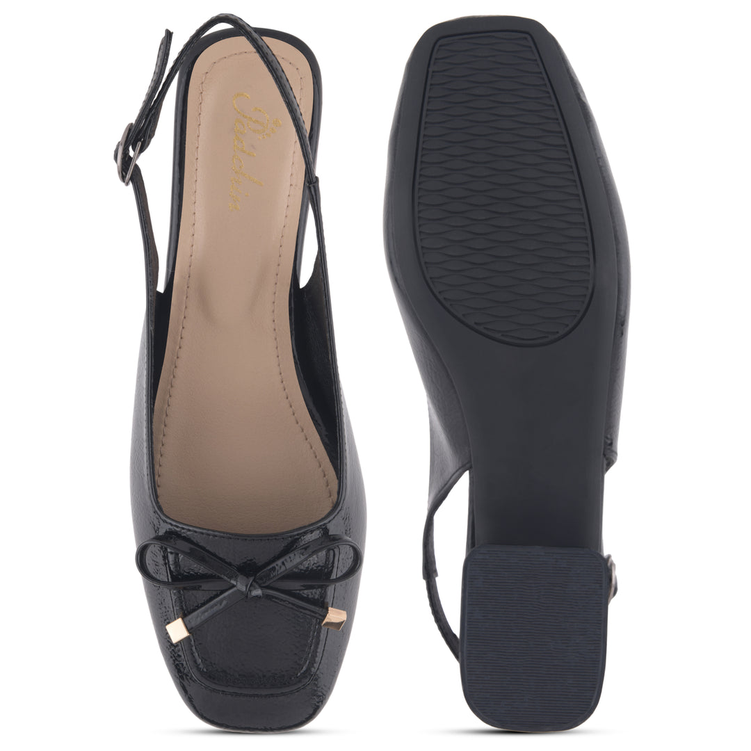 Women's Slingback Block Heel Pumps with Bow Detail Square Toe Textured Upper Pumps Shoes