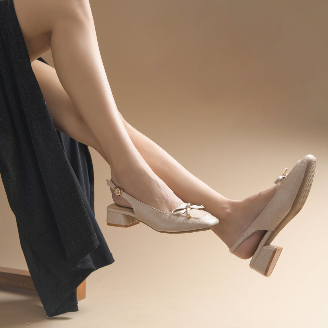 Women's Slingback Block Heel Pumps with Bow Detail Square Toe Textured Upper Pumps Shoes