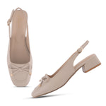 Load image into Gallery viewer, Women's Slingback Block Heel Pumps with Bow Detail Square Toe Textured Upper Pumps Shoes