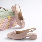 Load image into Gallery viewer, Women's Slingback Block Heel Pumps with Bow Detail Square Toe Textured Upper Pumps Shoes