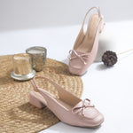 Load image into Gallery viewer, Women's Slingback Block Heel Pumps with Bow Detail Square Toe Textured Upper Pumps Shoes
