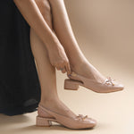 Load image into Gallery viewer, Women's Slingback Block Heel Pumps with Bow Detail Square Toe Textured Upper Pumps Shoes