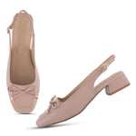 Load image into Gallery viewer, Women's Slingback Block Heel Pumps with Bow Detail Square Toe Textured Upper Pumps Shoes