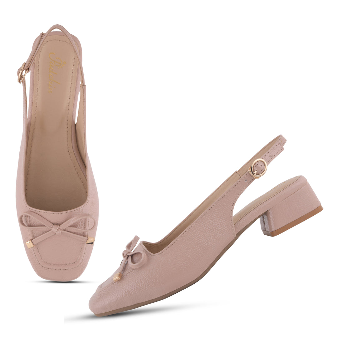 Women's Slingback Block Heel Pumps with Bow Detail Square Toe Textured Upper Pumps Shoes