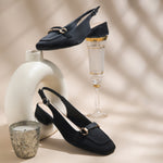 Load image into Gallery viewer, Women's Slingback Block Heel Pumps with Horsebit Metal Detail Square Toe Textured Pumps Shoes