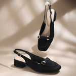 Load image into Gallery viewer, Women's Slingback Block Heel Pumps with Horsebit Metal Detail Square Toe Textured Pumps Shoes