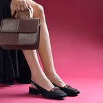 Load image into Gallery viewer, Women's Slingback Block Heel Pumps with Horsebit Metal Detail Square Toe Textured Pumps Shoes