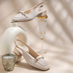 Load image into Gallery viewer, Women's Slingback Block Heel Pumps with Horsebit Metal Detail Square Toe Textured Pumps Shoes