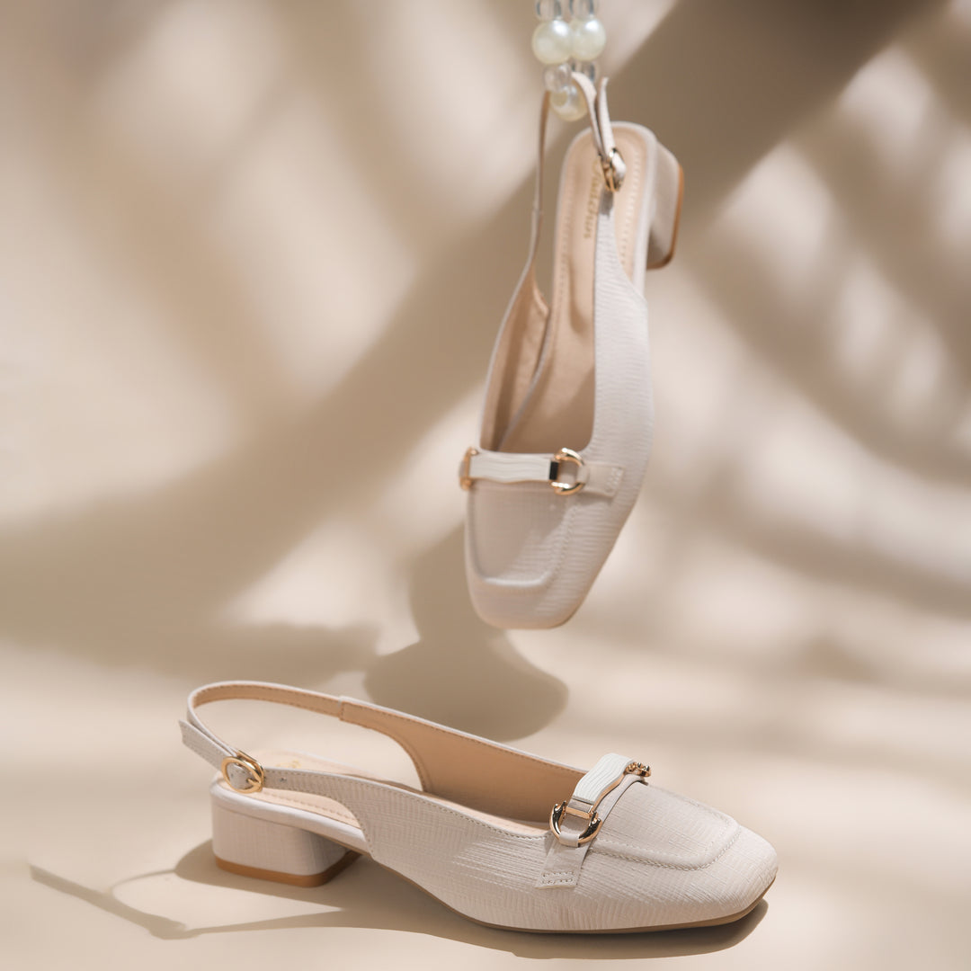 Women's Slingback Block Heel Pumps with Horsebit Metal Detail Square Toe Textured Pumps Shoes