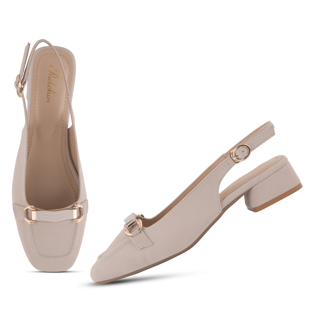 Women's Slingback Block Heel Pumps with Horsebit Metal Detail Square Toe Textured Pumps Shoes