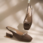 Load image into Gallery viewer, Women's Slingback Block Heel Pumps with Horsebit Metal Detail Square Toe Textured Pumps Shoes