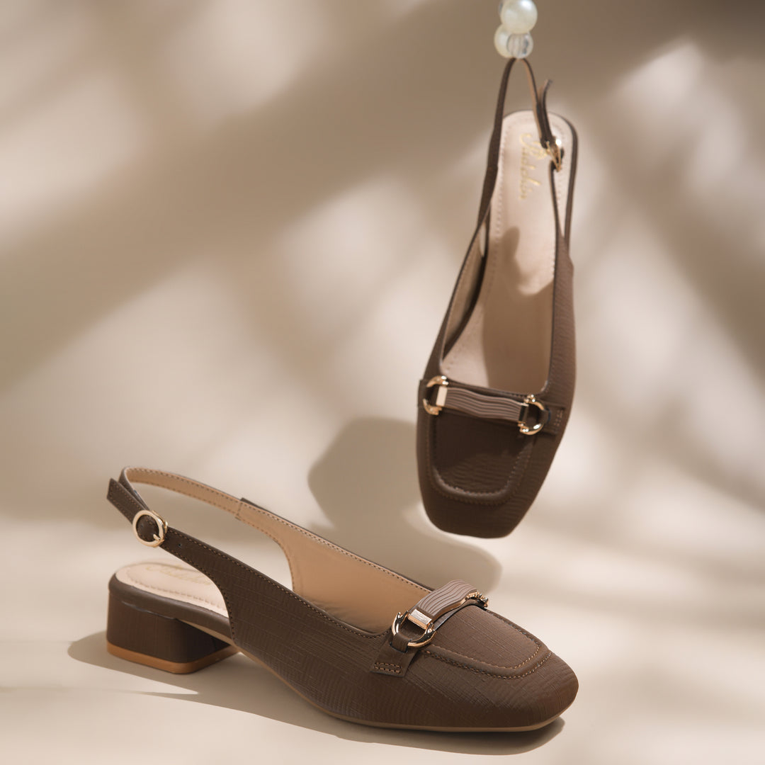 Women's Slingback Block Heel Pumps with Horsebit Metal Detail Square Toe Textured Pumps Shoes