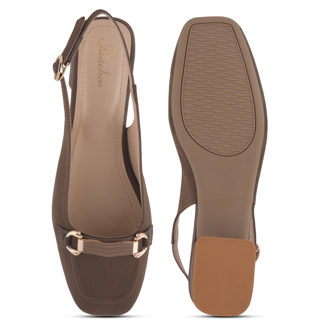 Women's Slingback Block Heel Pumps with Horsebit Metal Detail Square Toe Textured Pumps Shoes
