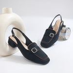 Load image into Gallery viewer, Women's Slingback Block Heel Pumps with Stone Buckle Detail Square Toe Texture Pumps Shoes