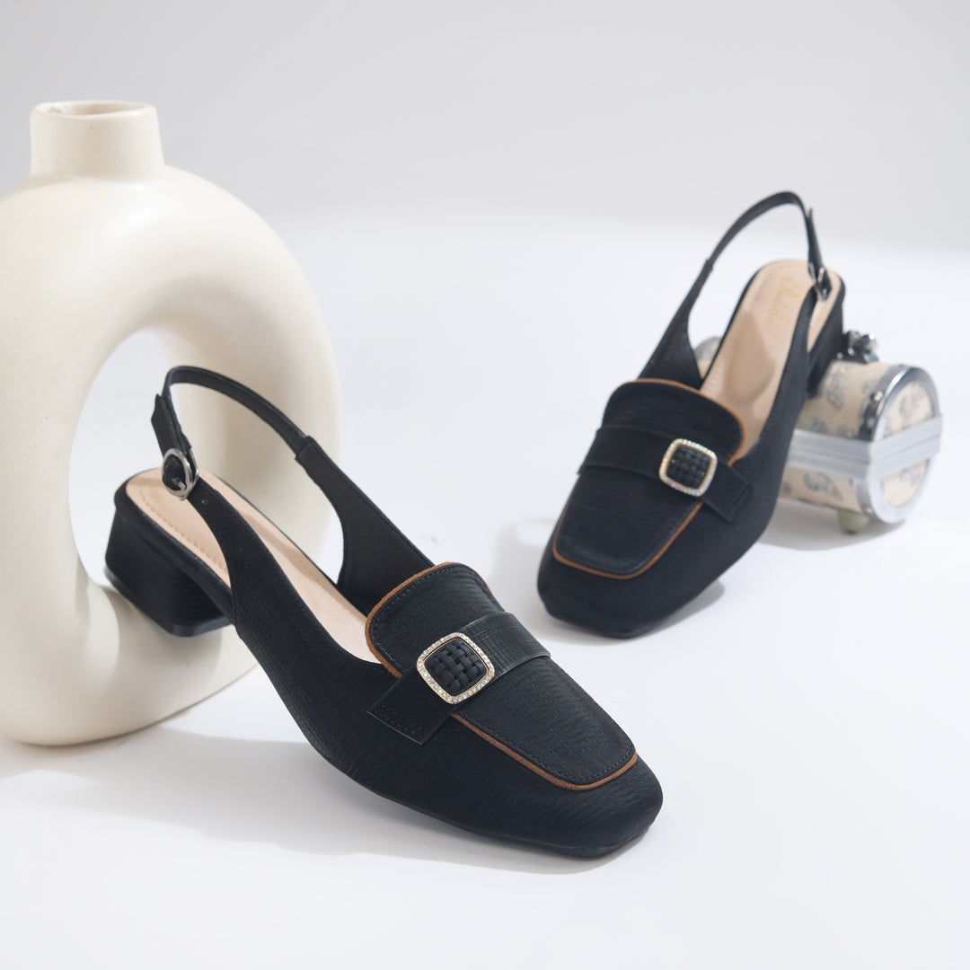Women's Slingback Block Heel Pumps with Stone Buckle Detail Square Toe Texture Pumps Shoes