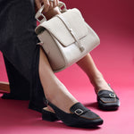 Load image into Gallery viewer, Women's Slingback Block Heel Pumps with Stone Buckle Detail Square Toe Texture Pumps Shoes